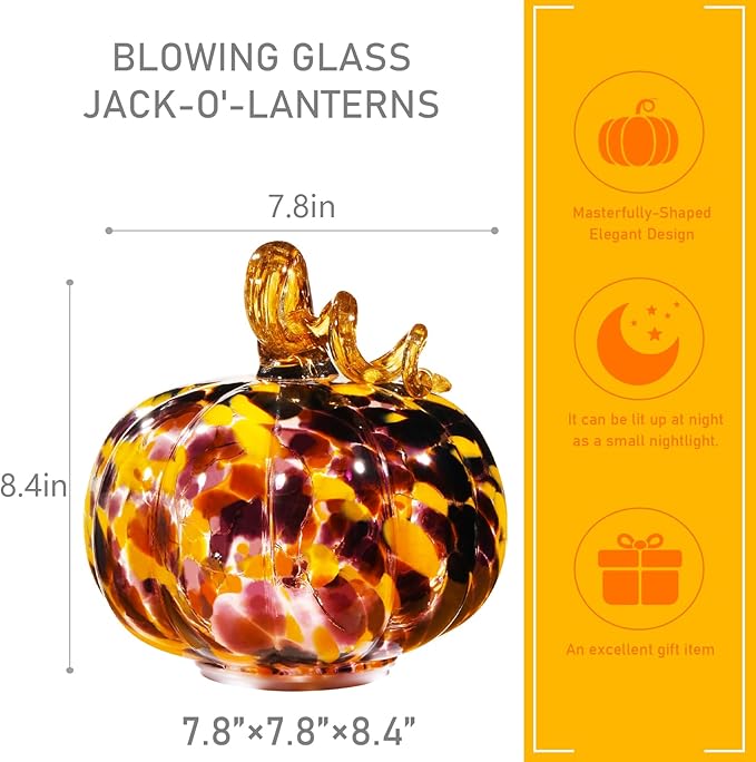 Handcrafted Glass Pumpkin with Warm LED Lights - Halloween & Thanksgiving Decor, Gift-Worthy Fall Home Decoration, 5.9-Inch Light-Up Tabletop Centerpiece (Vine Orange and Purple)