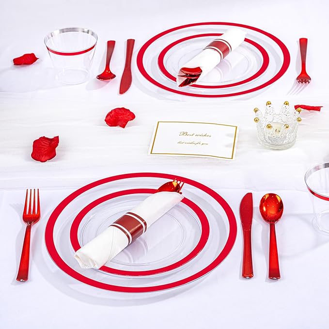 I00000 700 Piece Red Plastic Dinnerware Set for Party, Clear Disposable Plates for 100 Guests, Include: 100 Dinner Plates, 100 Dessert Plates, 100 Pre Rolled Napkins with Cutlery Set, 100 Cups
