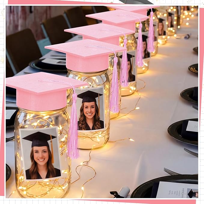 Boao 16 Sets Graduation Table Decoration Set with LED Light up Graduation Decorations for Class of 2026, Grad Jar, Felt Grad Hat and Stickers for High School College(Pink)