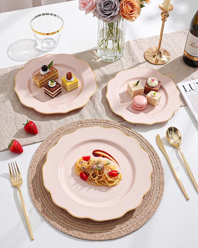 bUCLA 180PCS Pink Plastic Plates - Pink with Gold Rim Disposable for Party Include 30 Each (Dinner & Dessert) Plates, 30 Knives, 30 Forks, 30 Spoons, 30 Cups for Wedding, Birthday & Shower