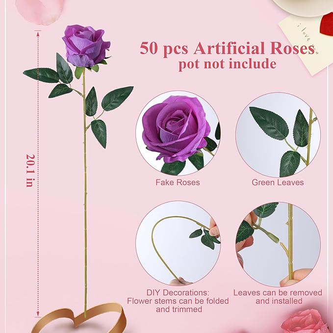 50 PCS Roses Artificial Flowers, Fake Roses with Stem Realistic Fuchsia Silk Roses for DIY Wedding Bouquets Table Centerpieces Arrangements Baby Shower Birthday Home Decor Valentine's Day Gift for Her