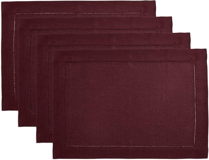 Solino Home Linen Cloth Placemats Set of 4 - 100% Pure Linen Hemstitch Burgundy Placemats 14 x 19 Inch - Classic Hemstitch Table Place Mats for Winter, Valentines