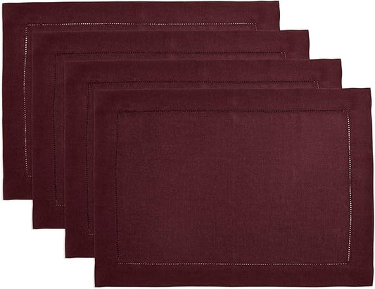 Solino Home Linen Cloth Placemats Set of 4 - 100% Pure Linen Hemstitch Burgundy Placemats 14 x 19 Inch - Classic Hemstitch Table Place Mats for Winter, Valentines