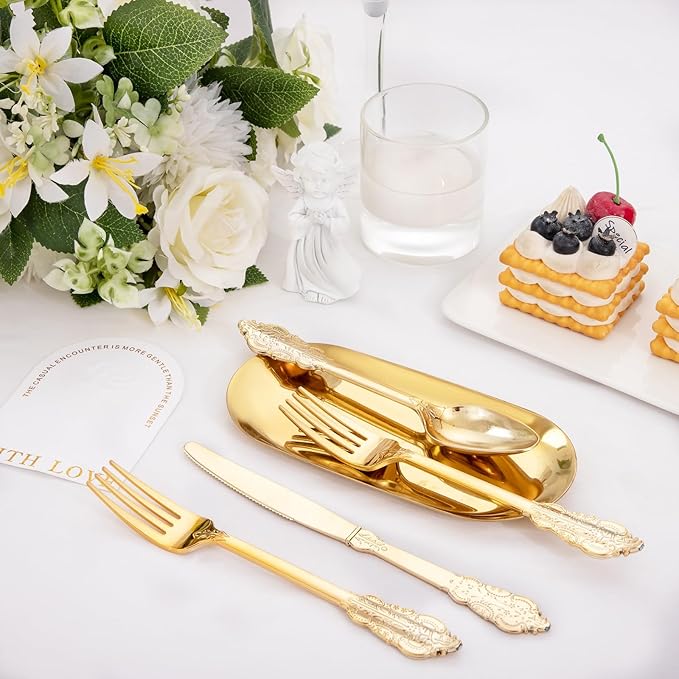 Supernal 360pcs Gold Plastic Silverware,Disposable Silvereware Heavy Duty, Gold Plastic Cutlery, 120 Plastic Forks and Spoons,Knives Perfect for Birthday, Wedding Halloween Thanksgiving Chirstmas