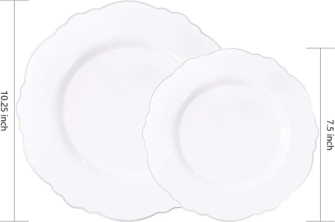 WDF 60pcs Silver Plastic Plates-Baroque White &Silver Plates for Upscale Parties &Wedding-including 30Plastic Dinner Plate 10.25inch, 30 Salad Plate 7.5inch for Valentine's Day