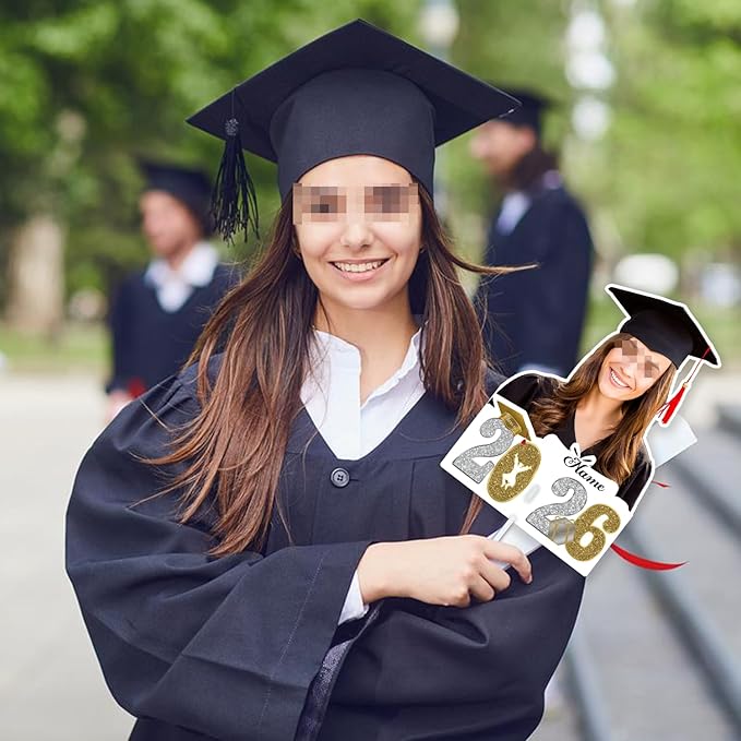 Personalized Graduation Face Fan 2026 Grade Custom Double Sided Face Cutout Fan with Handle Photo Booth Prop Party Supplies(B-Champagne and Silver,24pcs)