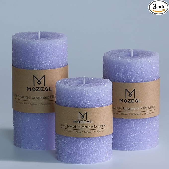 MOZEAL Hand-Poured Granular Texture Decorative Lavnder Pillar Candles Set of 3 (3"x4", 5", 6"),Approx 300 Hours Burn Time Dripless, Unscented, Smokeless, Spring Party Decor Candle Lover Gift