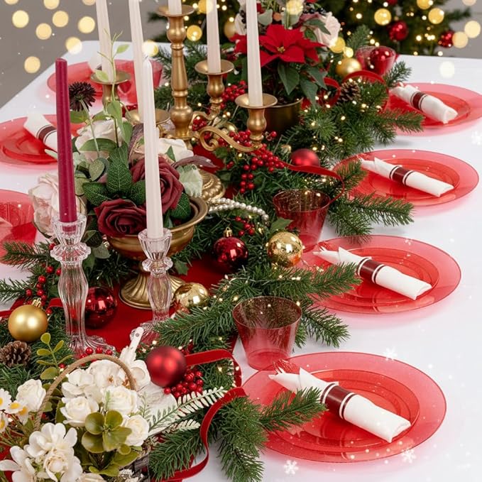 DaYammi 210PCS Red Glitter Plastic Dinnerware Set for 30 Guests, Fancy Disposable Plates for Party, Include: 30 Dinner Plates, 30 Dessert Plates, 30 Pre Rolled Napkins with Red Silverware, 30 Cups
