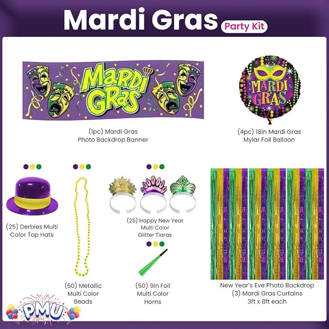 PMU 308 Pc New Year's Eve Party Supplies New Year Decorations Supplies, 2026 Mardi Gras Party Kit Assortment for 100 Persons - (Yellow, Purple and Green) for,Men and Women (100/psn)