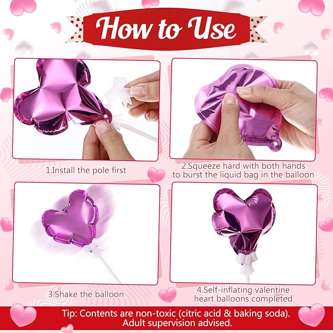 100 Pcs Valentine's Day Self Inflatable Heart Balloons with Bow Stems Mini Heart Balloons Decoration for Valentine Wedding Anniversary Party Supplies Cake Toppers(Red,Rose Red,4 Inch)