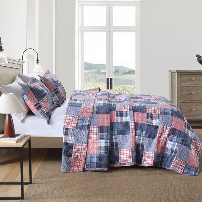 Cotton Bedding Quilt Sets Reversible All Season Real Patchwork Coverlet Sets All Season Blue Bedspread, Houndstooth Plaid Pattern, Queen Size