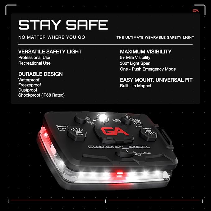Guardian Angel Elite Series Safety Light, Beacon Device (White Front & Red Rear) Rechargeable, Magnetic, Hands-Free Wearable & Mountable LED Flashlight for First Responders, Firefighters & Rescue Ops