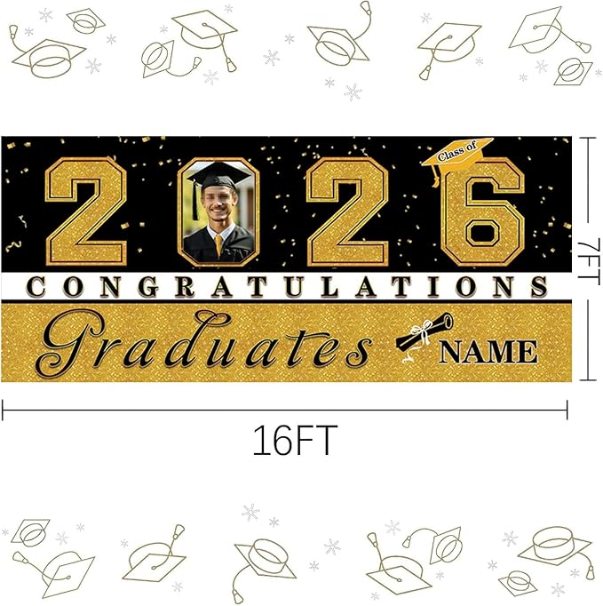 Custom Graduation Garage Door Banner Decoration 7x16ft with Photo Congrats Garage Door Cover 2026 Party Photo Booth Backdrop Party Supplies(Gold)