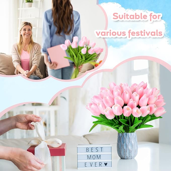 Jexine 100 Pcs Artificial Real Touch Tulips Fake Artificial Tulip Flower Bulk Bouquet with Stem for Table Centerpieces Wedding Bridal Easter Mother's Day Garden Home Decor, 13.4''(Pink)