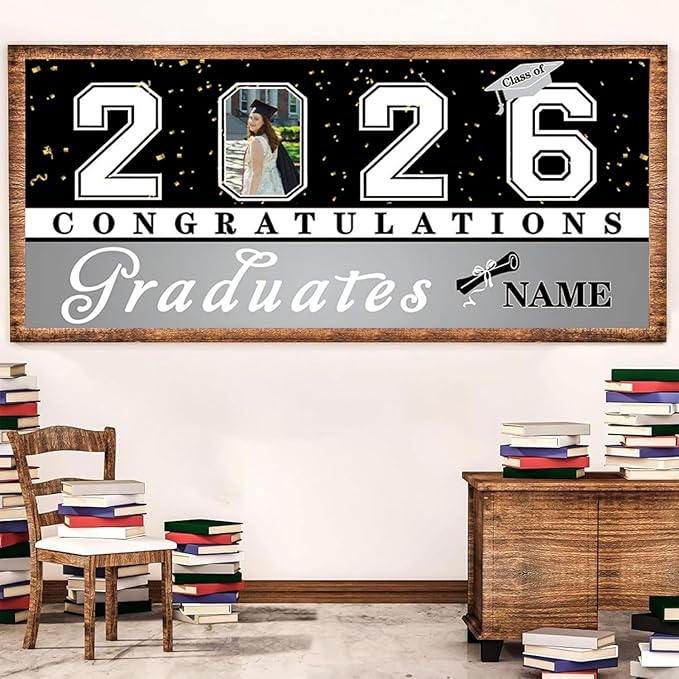 Custom Graduation Garage Door Banner Decoration 7x16ft with Photo Congrats Garage Door Cover 2026 Party Photo Booth Backdrop Party Supplies(Silver)