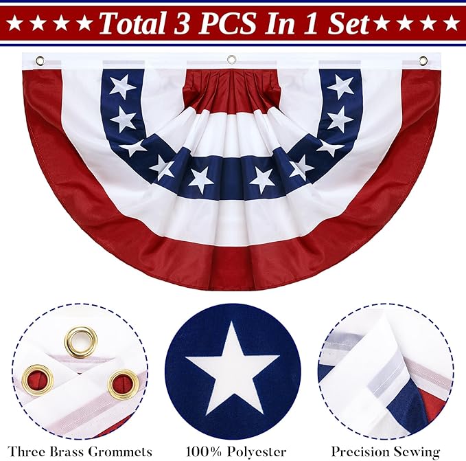 3 Pack American Pleated Fan Flag,3 X 6 FT American Bunting with Brass Grommets and Zip Ties,Patriotic Half Fan Banner Flag Decor, Memorial Day 4th of July Decoration Outdoor