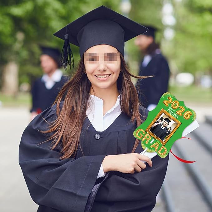 Personalized Graduation Double Sided Face Fan Class of 2026 Customized Graduation Head Face Cutout with Handle Fun Photo Prop Supplies(A-Light Green and Gold,24pcs)