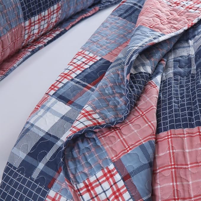 Cotton Bedding Quilt Sets Reversible All Season Real Patchwork Coverlet Sets All Season Blue Bedspread, Houndstooth Plaid Pattern, King Size