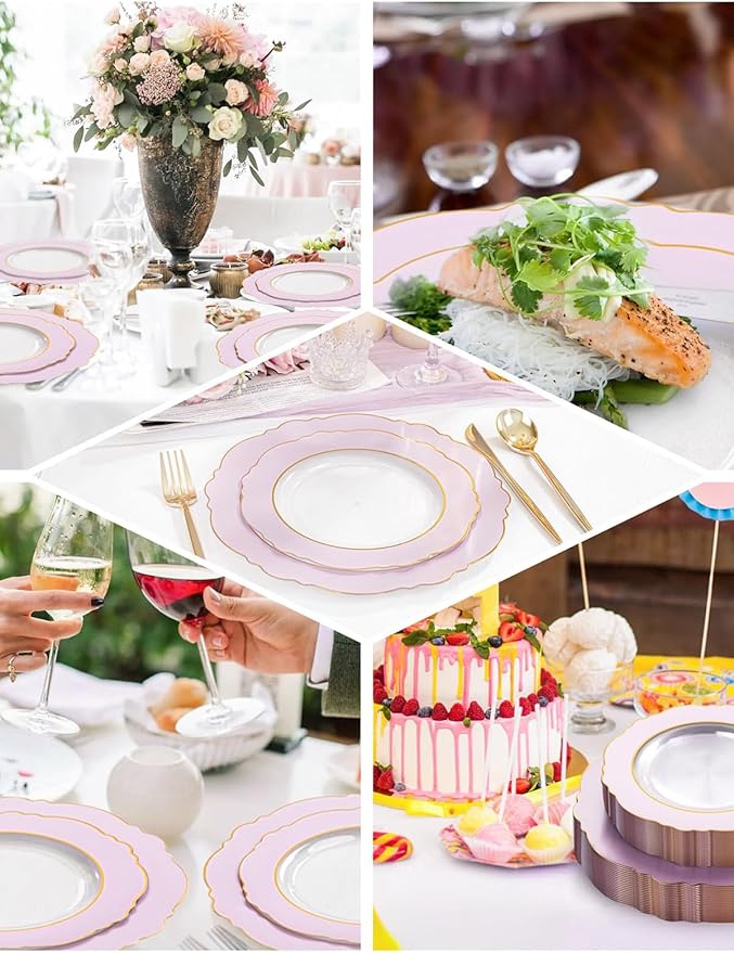 WDF 60Pcs Pink Plates Disposable with Gold Rim - Baroque Clear Pink and Gold Plastic Party Plates Ideal for Wedding, Valentine's Day