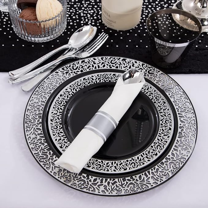 NOCCUR 210PCS Black and Silver Dinnerware Set for 30 Guests - Black Plastic Plates with Silver Rim Include 30 Dinner / 30 Dessert Plates, 30 Prewrapped Silverware, 30 Cups Ideal for Party/New Year