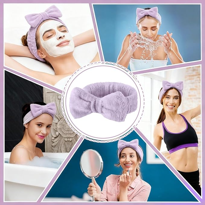 50 Pcs Spa Headband Bulk Spa Sleepover Party Supplies for Washing Face with Removable Bow Makeup Elastic Bowknot Headband for Women Gifts Skincare Microfiber Hairband (Purple Style)