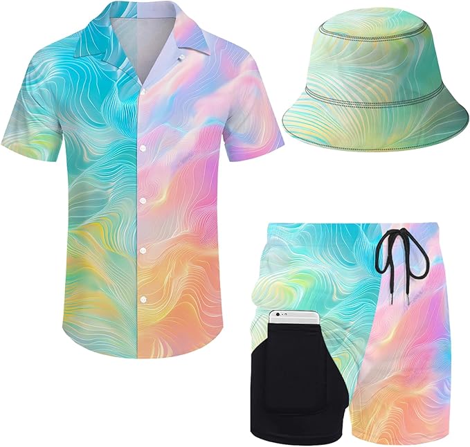 Men's Hawaiian Shirt and Shorts Set 2 Piece Beach Outfits with Bucket Hats for Beach Days and Summer Vibes