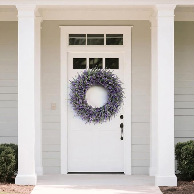 32'' Large Eucalyptus and Lavender Wreath for Front Door, Porch, Window- Artificial Eucalyptus Leaves with Lavender Wreath for Home, Farmhouse Wall Decor- Spring, Summer, Fall, All Seasons (Purple)