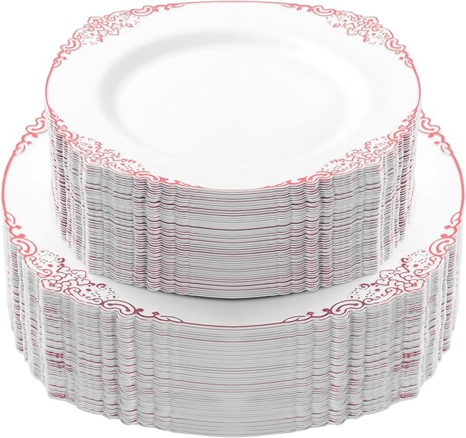 100 PCS White and Rose Gold Plastic Plates for 50 Guests, Rose Gold Disposable Plates Include 50 PCS Dinner Plates, 50 PCS Dessert Plates for Party, Wedding and Baby Shower