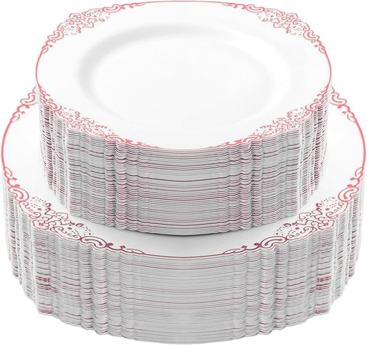 100 PCS White and Rose Gold Plastic Plates for 50 Guests, Rose Gold Disposable Plates Include 50 PCS Dinner Plates, 50 PCS Dessert Plates for Party, Wedding and Baby Shower