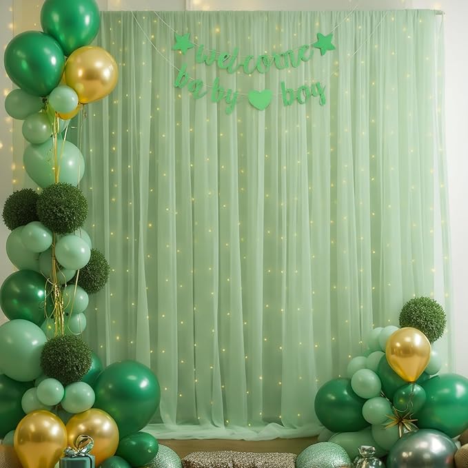 30x10ft Olive Green Tulle Backdrop Curtain with Lights String for Parites, Sheer Photo Backdrop Curtains with Lights for Wedding Backdrop Ceremony Reception Bridal Shower Baby Shower Birthday Party