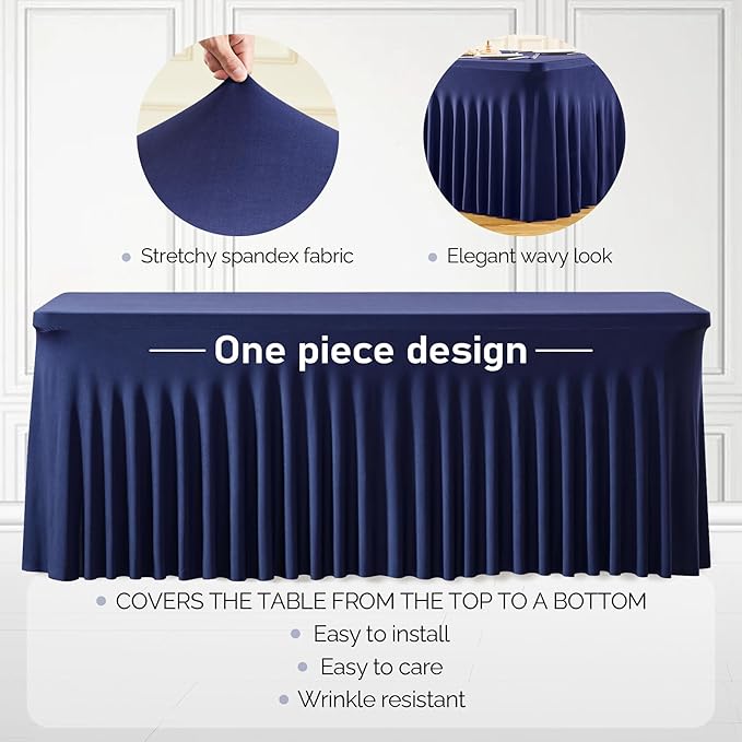 2 Packs Navy Blue Table Clothes for 8 Foot Rectangle Tables, One-Piece Wrinkle Resistant Stretch Spandex Table Covers with Table Skirt for Event Banquet Wedding Birthday Party