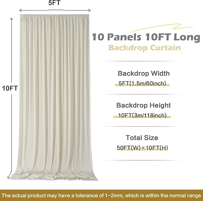 50 ft x 10 ft Wrinkle Free Champagne Backdrop Curtain for Parties, 10 Panels 5x10ft Silky Polyester Wedding Backdrop Drapes Photo Back Drop Cloth for Birthday Baby Shower Photography Background