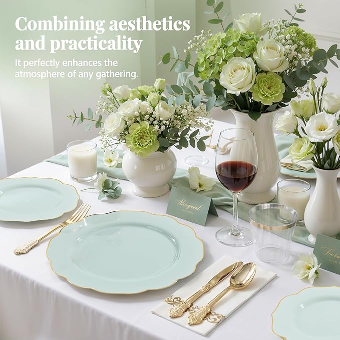 NOCCUR 175PCS Sage Green Plastic Plates with Gold Disposable Silverware - Include 50 Green and Gold Plastic Plates,25 Knives,25 Forks,25 Spoons,25 Cups and 25 Napkins - Ideal for Wedding/Spring Party