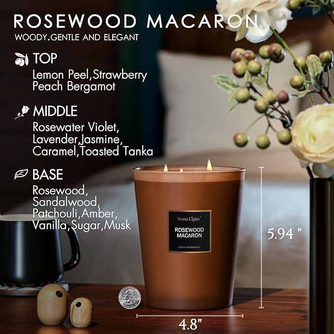HomeLights Scented Candles | Large Jar Candle - 33.3 Oz. Natural Soy Aromatherapy Candles | Up to 70 Hours Burn Time with 3 Cotton Wicks, Home Decorative Fragrance Candles - Rosewood Macaron