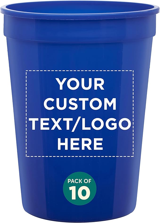 Custom Disposable Plastic Cups 12 oz. Set of 10, Personalized Bulk Pack - Perfect for Summer, Sporting Events, Birthdays, Weddings, Picnic, Beach, Parties - Reflex Blue