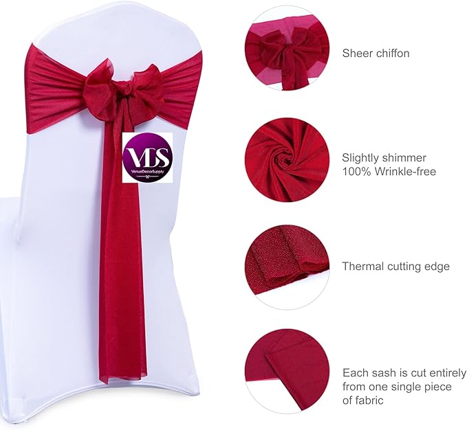 VDS Pack of 25, Apple Red, Sheer Chiffon Chair Sashes Bows Chair Cover Back Tie Ribbon for Wedding Birthday Baby Shower Engagement Ceremony Event Party Banquet Restaurant Dining Chair Decoration