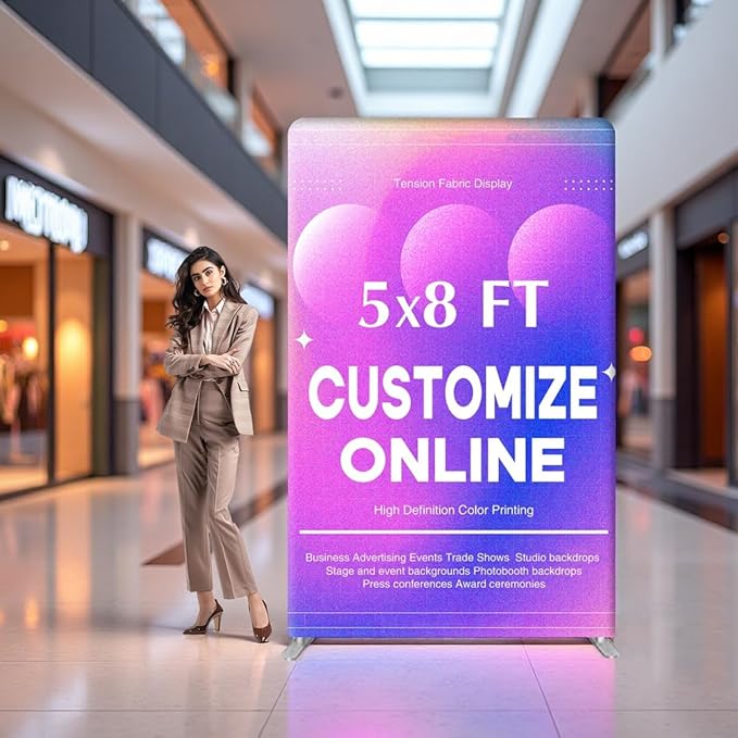 5x8 FT Custom Tension Fabric Backdrop Banner Stand, HD Banner Printing Online Design Tension Fabric Display Stand, Large Portable Trade Show Display Booth for Business, Corporate, Wedding, Mall