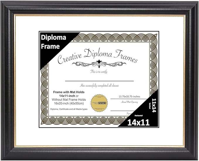 Creative Picture Frames 14" x 11" Rockefeller Black with Gold Rim Diploma Frame, Displays 14" x 11" Certificate or 16" x 20" Document without Mat, College Degree Frame, Full-Strength Glass, White Mat