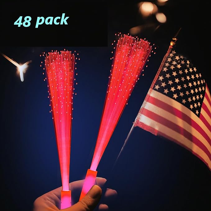 48 PCS Red Glow Fiber Wands Sticks LED Light Wands 3 Modes Flashing Fiber Optic Light Rod Bulk Fiber Optic Wands for Wedding July 4th Halloween Christmas Valentine's Day