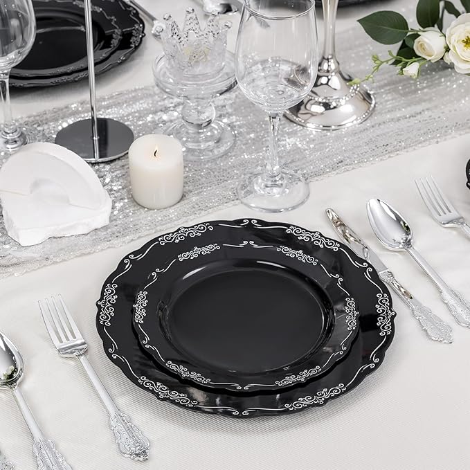 DaYammi 60PCS Black and Silver Plastic Plates, Heavy Duty Black and Silver Disposable Plates Premium 10inch Dinner Plate Hard Plastic Plate Disposable for Party and Wedding