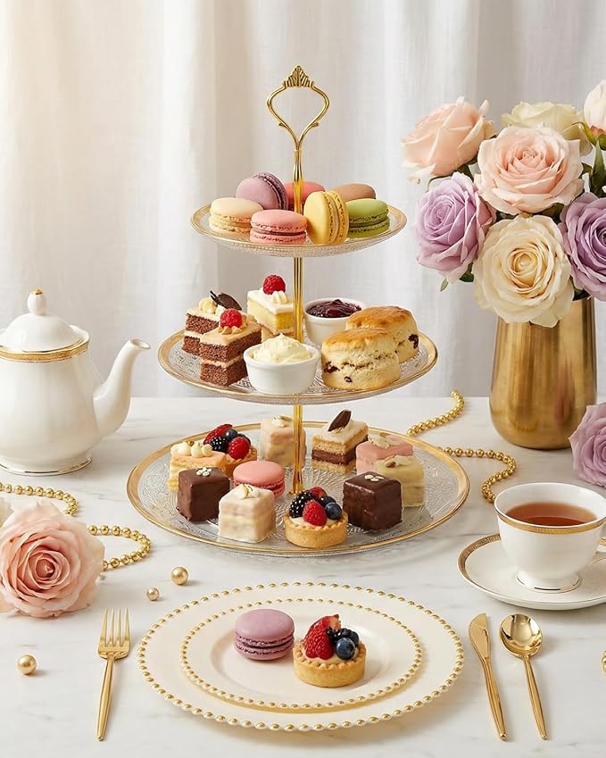 supernal 180pcs Ivory and Gold Dinnerware Set,Elegant Heavy Duty Ivory Plastic Plates with Gold Beads,Disposable Plates with Plastic Silverware and 10oz Cups for Wedding/Party/Valentine's Day