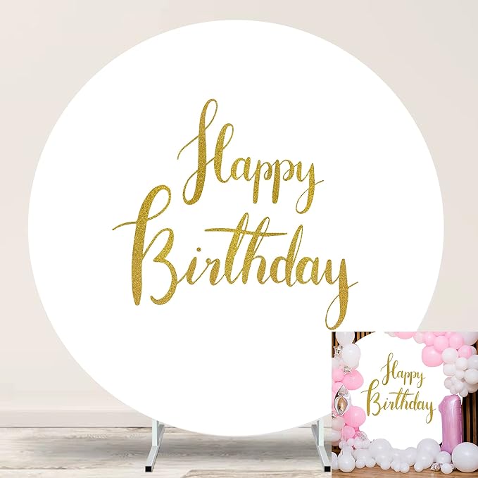 Gold Happy Birthday Sign Round Backdrop Cover 6.5ft,White Circle Background Cover with 4Clips, Round Backdrop for Photography Gold Happy Birthday Kids Baby Party Decoration Banner