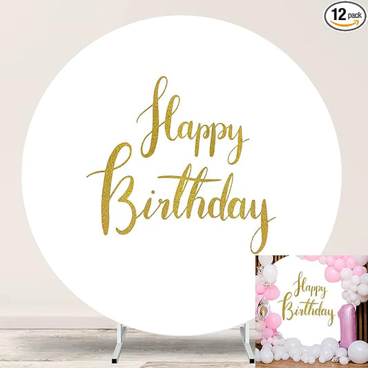 Happy Birthday Round Backdrop Cover 7.5ft,White Circle Background Stand Cover with 4Clips,7.5 Round Backdrop Gold Happy Birthday Banner for Photography Kids Baby Party Decorations