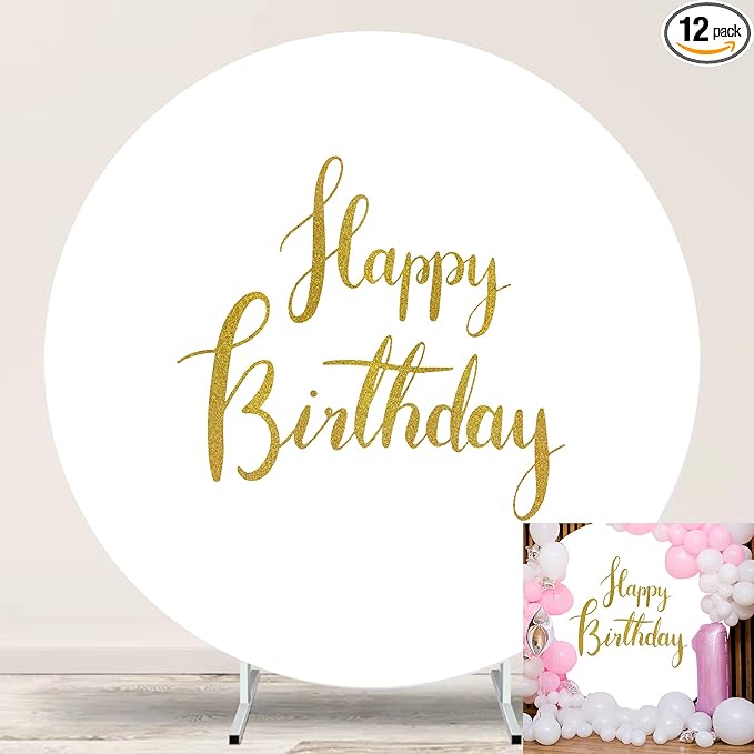 Gold Happy Birthday Round Backdrop Cover 7.2ft,White Circle Background Stand Cover with 4Clips,7.2 Round Backdrop for Photography Kids Baby Birthday Party Banner Decor