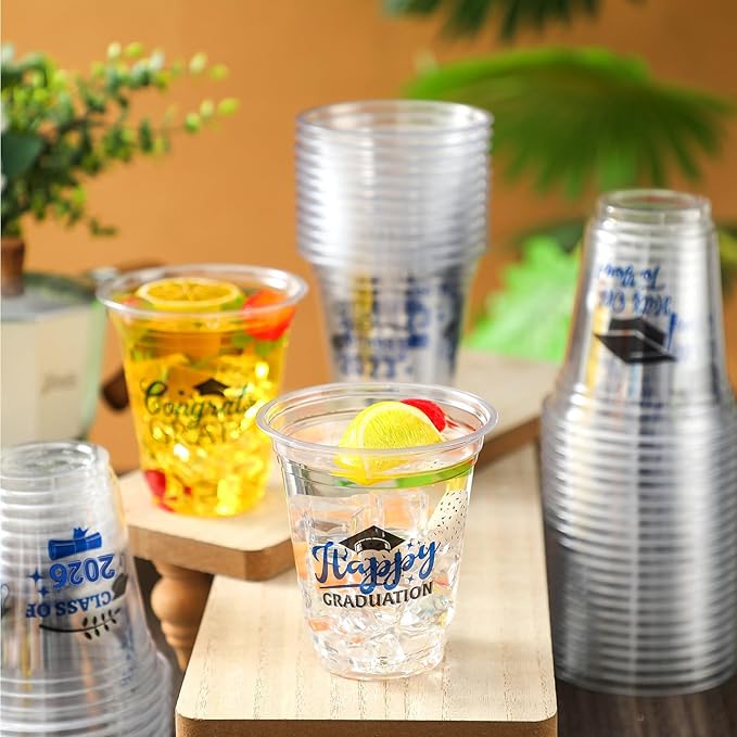 Eaasty 200 Pcs 12oz Graduation Cups 2026 Disposable Plastic Cups for Class of 2026 Graduation Party Congrats Grad Elegant Party Supplies Tableware Decorations (Blue)