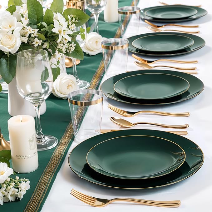Nervure 100Pcs Green and Gold Plastic Plates - 7.5inch Disposable Green Dessert/Salad Plates - Heavy Duty Plastic Plate Ideal for Wedding & Party