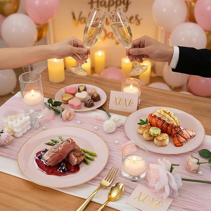 KIRE 175PCS Pink Plates Disposable - Heavy Duty Pink and Gold Plastic Plates Dinnerware Sets - 25 for Dinner 25 for Dessert 25 Pre Rolled Napkins 25Cups for Party/Wedding/Valentine's Day/Baby Shower