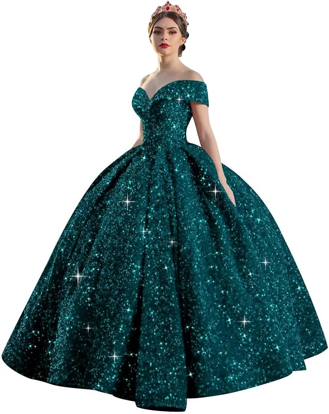 Quinceanera Dress Long Ball Gown Sparkly Sequin Off Shoulder V Neck Prom Dresses