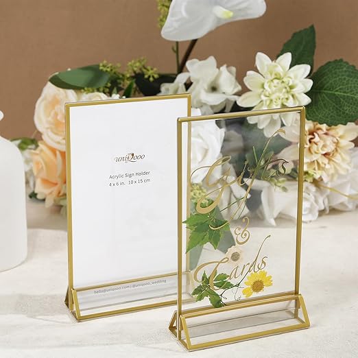 UNIQOOO Acrylic Sign Holders with Golden Border, Portrait View, Pack of 12 | 5x7 Double Sided Clear Frame, Perfect for Wedding reception, Centerpiece, Decoration, Party,Anniversary, Event