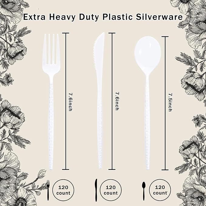 Supernal 360Pcs White Plastic Silverware, Hard Plastic Cutlery Heavy Duty Hammered Durable Utensils,White Silverware Set Include 120 Forks and Spoons,120 Knives Suitable for Wedding & Party